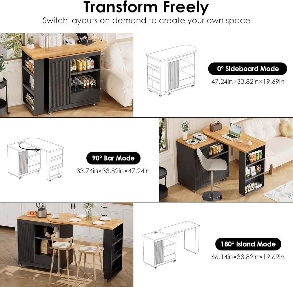 66'' Rolling Kitchen Island with 360° Swivel Tabletop Mobile Kitchen Island with Power Outlet Rotating Kitchen Islands with Storage Cabinets Wood Kitchen Island Table for Kitchen, Bar, Dining Room