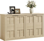 DynJest 60" Oak Buffet Cabinet Sideboard with Storage, Console Table | Large Capacity Credenza with 4 Fluted Doors & Shelves, Modern Farmhouse Buffet Cabinet for Home Office Kitchen Living Room