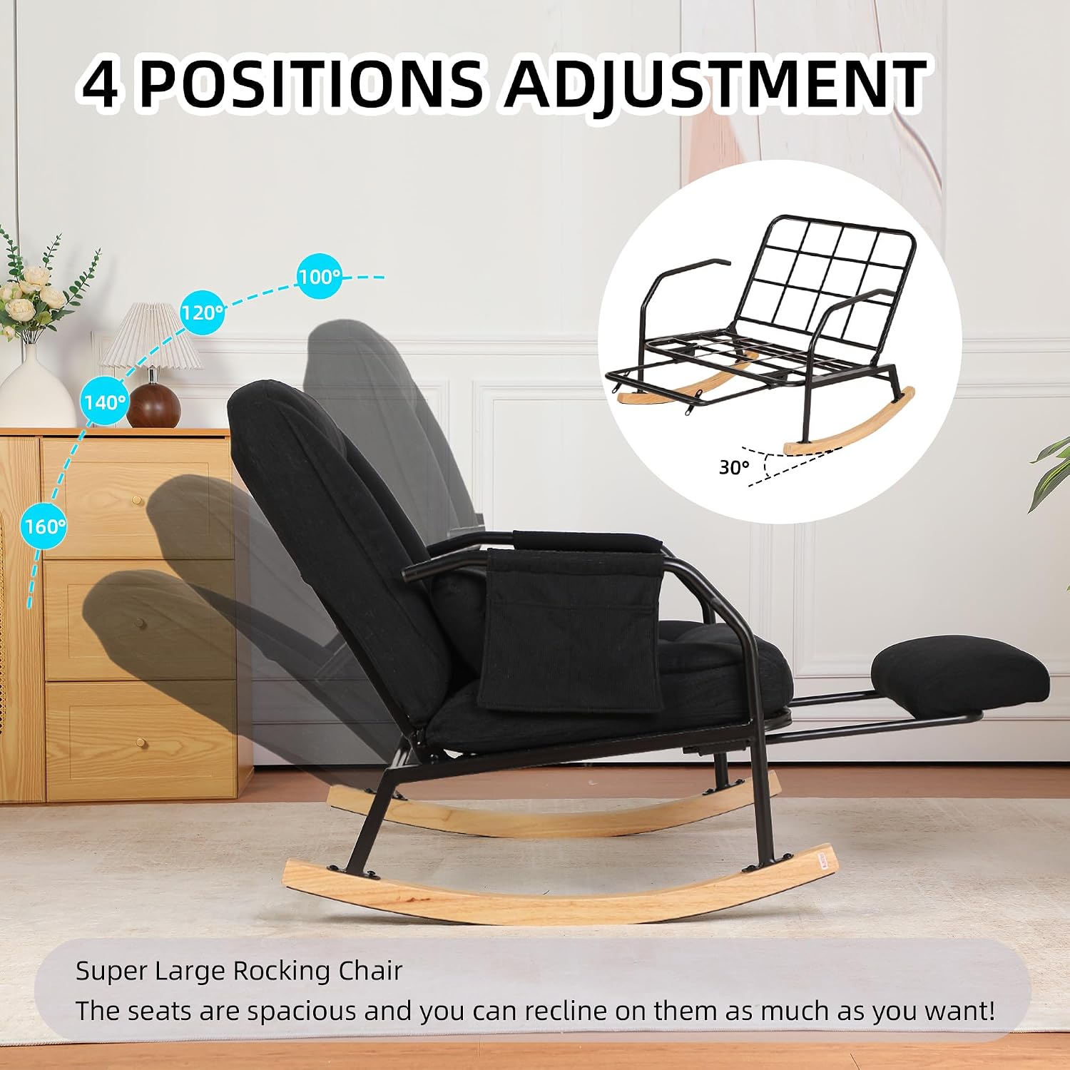 Oversized Reclining Rocking Chair with Foot Rest, 110°–160° Adjustable Backrest, Upholstered Armchair with Side Pocket for Nursery and Living Room, Black