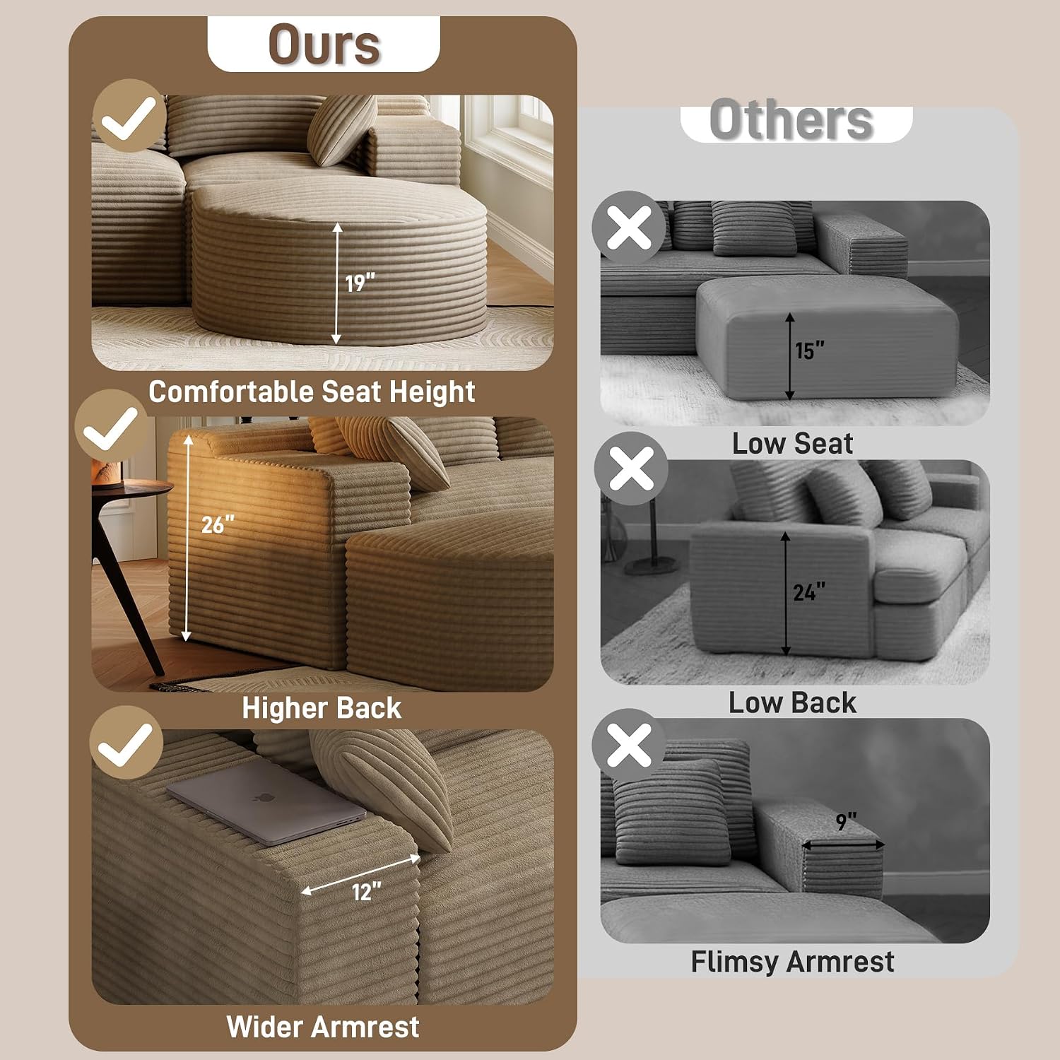 108" U-Shaped Boneless Couches for Living Room,Comfy Fluffy Cloud Sectional Couch with Curved Ottoman, Modern Plush Corduroy Deep Seat Modular Sectional Sofa for Small Spaces, Light Brown