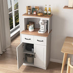 Modern White Wooden Kitchen Pantry Cabinet with Microwave Stand, Storage Drawer & Adjustable Shelf – Space-Saving Organizer for Small Kitchens