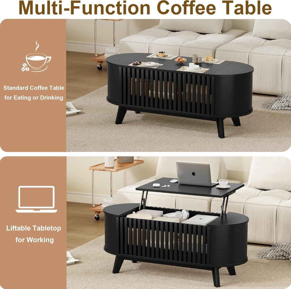 Oval Coffee Table for Living Room with Slatted Sides Frame, Modern Lift Top Coffee Table with Storage Hidden Compartment, Lift Tabletop Dining Table, Curved Corner, 40inch, Black