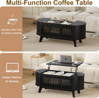 Oval Coffee Table for Living Room with Slatted Sides Frame, Modern Lift Top Coffee Table with Storage Hidden Compartment, Lift Tabletop Dining Table, Curved Corner, 40inch, Black