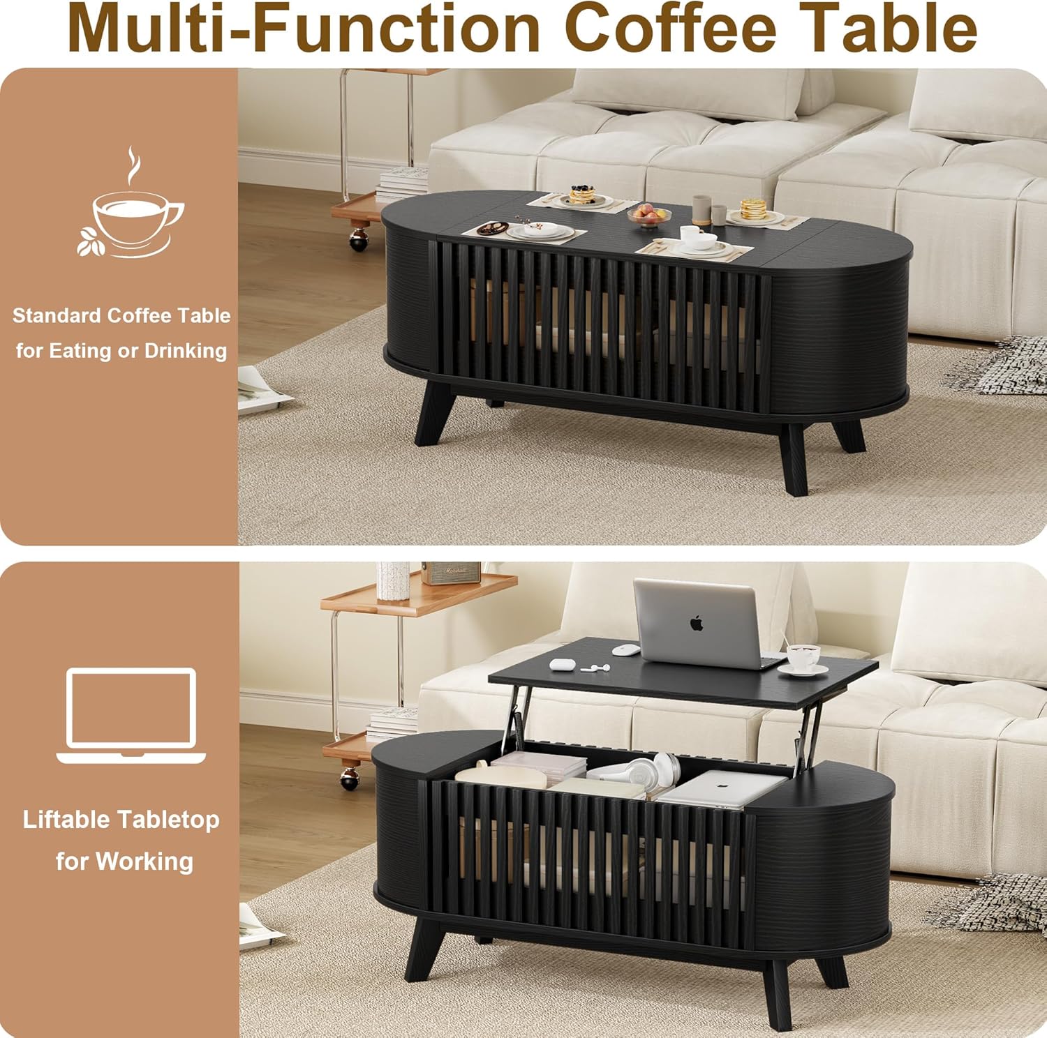Oval Coffee Table for Living Room with Slatted Sides Frame, Modern Lift Top Coffee Table with Storage Hidden Compartment, Lift Tabletop Dining Table, Curved Corner, 40inch, Black