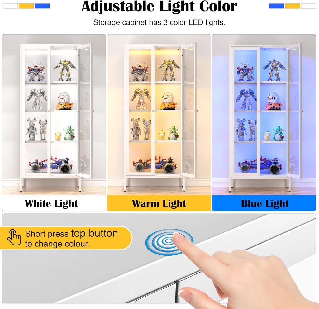 66"Glass Display Cabinet with 3 Color LED Lights,Metal Curio Cabinet with Glass Doors,4-Tier Display Case for Collectibles,Trophy,Plant,White Storage Cabinets For Living Room - Assemble Required