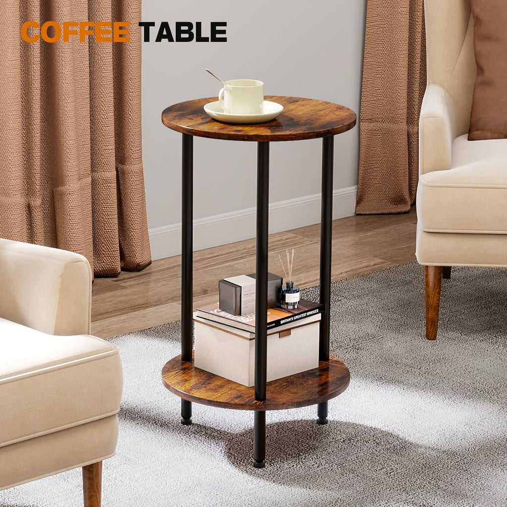 Small Round Side Table, Brown Round End Table, 2-Tier Modern Accent/Bedside Table for Living Room-Brown