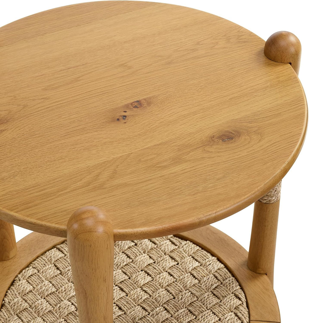Harbor Oak 20" Round Oak Wood End Table with Seagrass Accents and Shelf Storage | Coastal Boho Side Table. Natural Oak Finish.