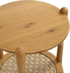 Harbor Oak 20" Round Oak Wood End Table with Seagrass Accents and Shelf Storage | Coastal Boho Side Table. Natural Oak Finish.