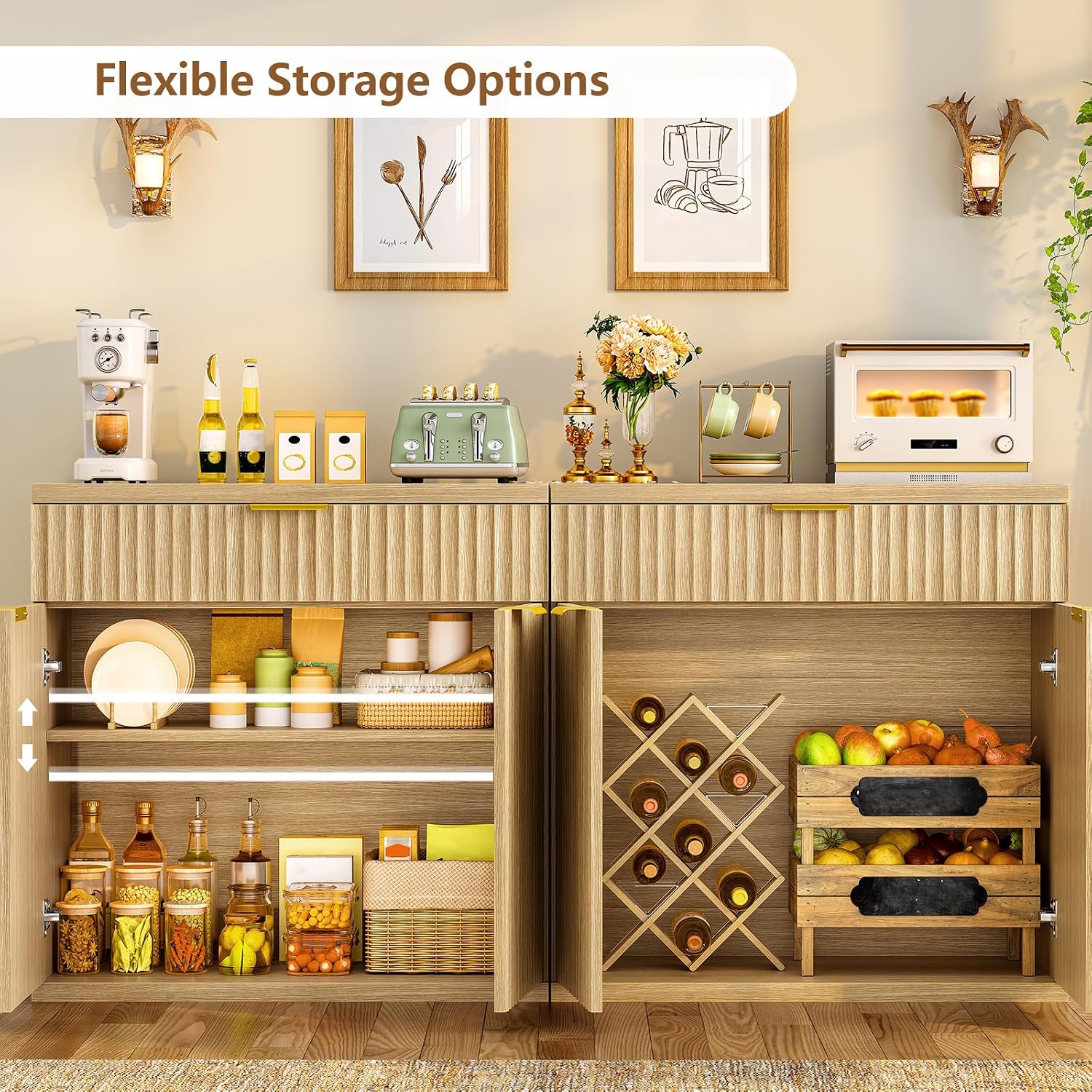 Buffet Sideboard Cabinet with Storage, 31.5" Buffet Table Coffee Bar Wine Bar Storage Cabinet with Adjustable Shelf for Living Room, Kitchen, Natural