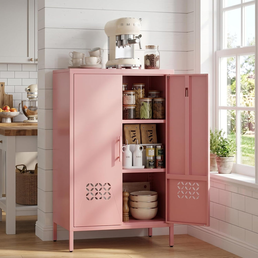 42" H Pink Metal Cabinet with 2 Adjustable Shelves, Metal Coffee Bar & Buffet Sideboard Cabinet with 2 Doors for Home,Dining Room, Kitchen,Assembly Required