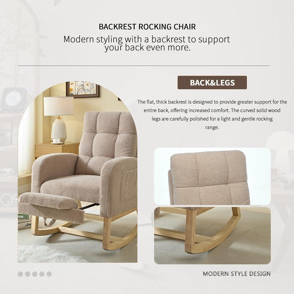 Rosevera Nursery Rocking Chair with Adjustable Footrest for Living Room - Teddy Fabric, Solid Wooden Legs, Comfortable Lounge Armchair with High Backrest and Side Pockets (Modern, Light Coffee)