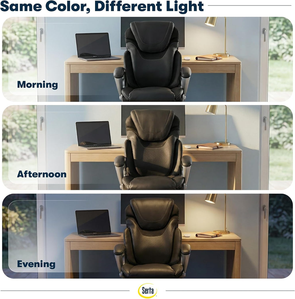 Serta Bryce Executive Office Chair - Ergonomic Computer DeskChair with Lumbar Technology - Adjustable Height - Memory Foam Body Pillows - 360° Swivel Rolling Base - Bonded Leather - Black