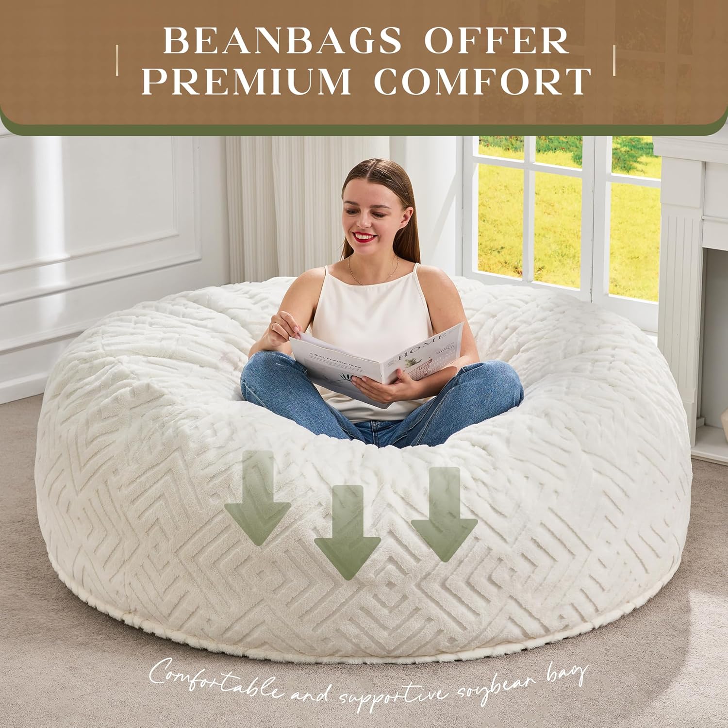 Hobestluk Bean Bag Chair Giant Beanbag Washable LivingRoom 5FT White Adult | Memory foam,Ergonomic Design,Breathable Detachable Cover,Removable,Easy Clean,2-Way-Use,No Assembly Required,Bedroom Dorm