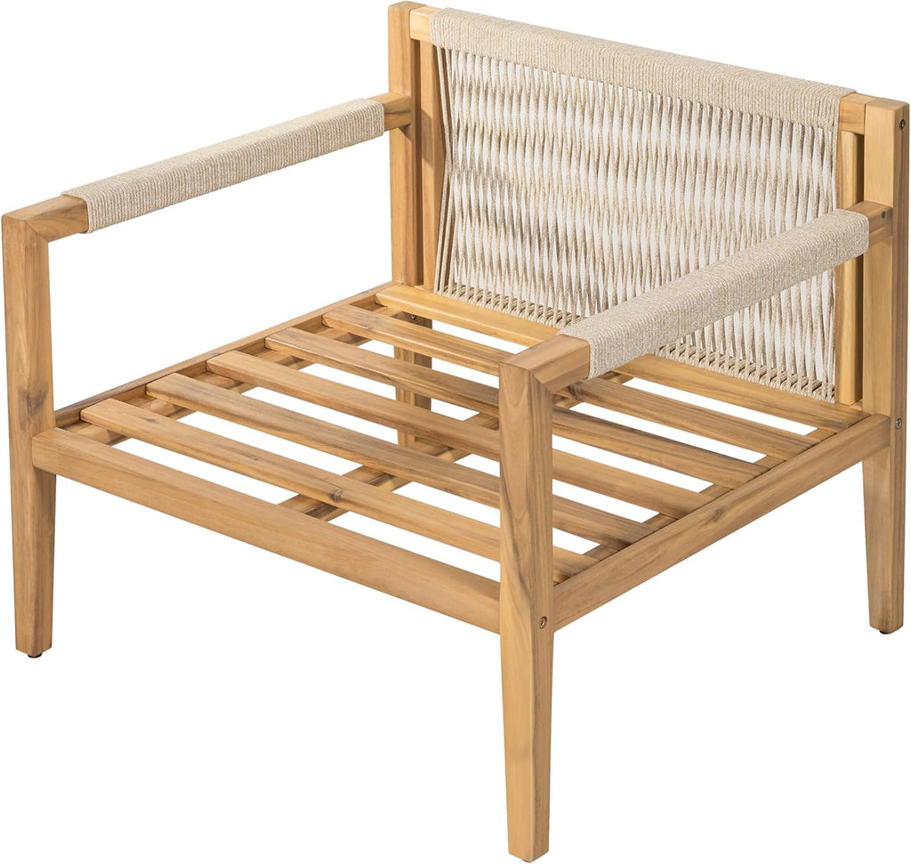 Acacia Wood Outdoor Lounge Chair, Wooden Patio Accent Chairs with Beige Rope Weave & Weather-Resistant Cushions, Comfy Reading Armchair for Porch, Deck, Garden