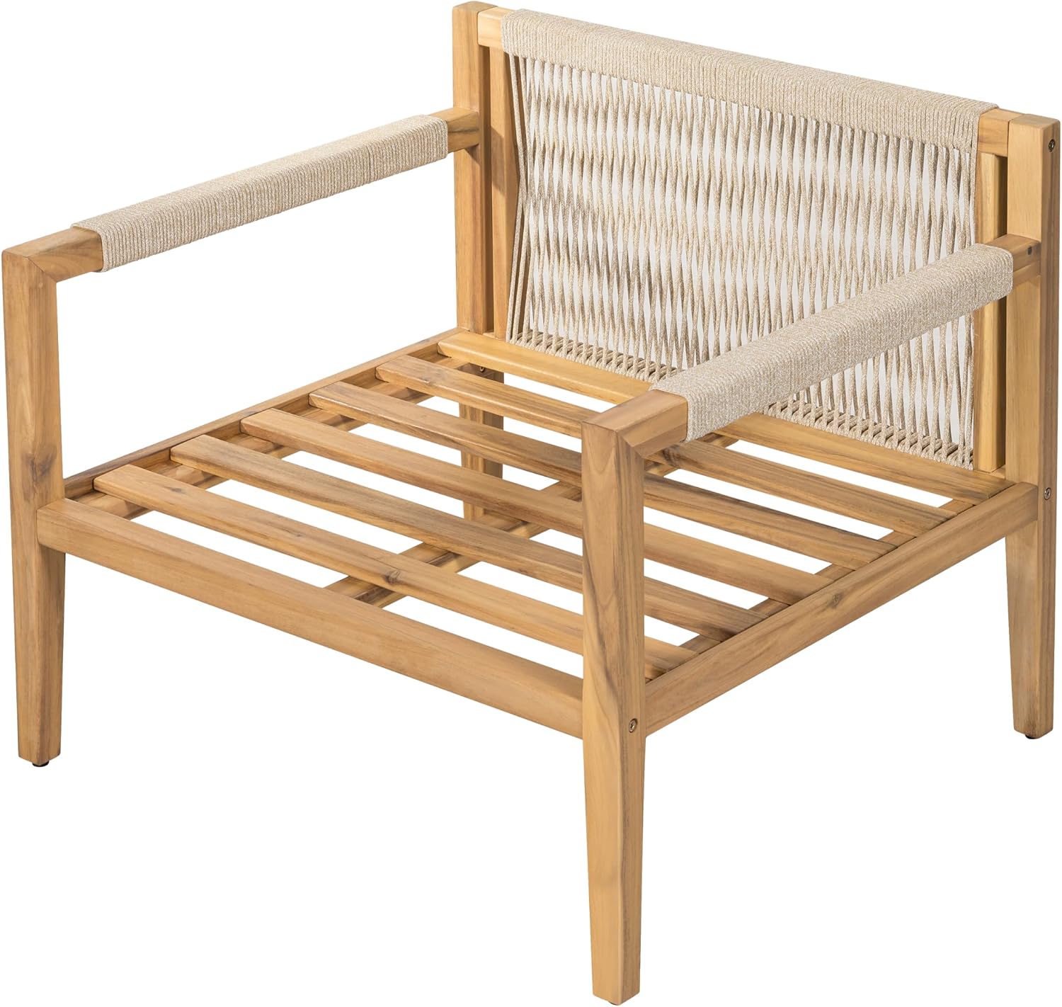 Acacia Wood Outdoor Lounge Chair, Wooden Patio Accent Chairs with Beige Rope Weave & Weather-Resistant Cushions, Comfy Reading Armchair for Porch, Deck, Garden