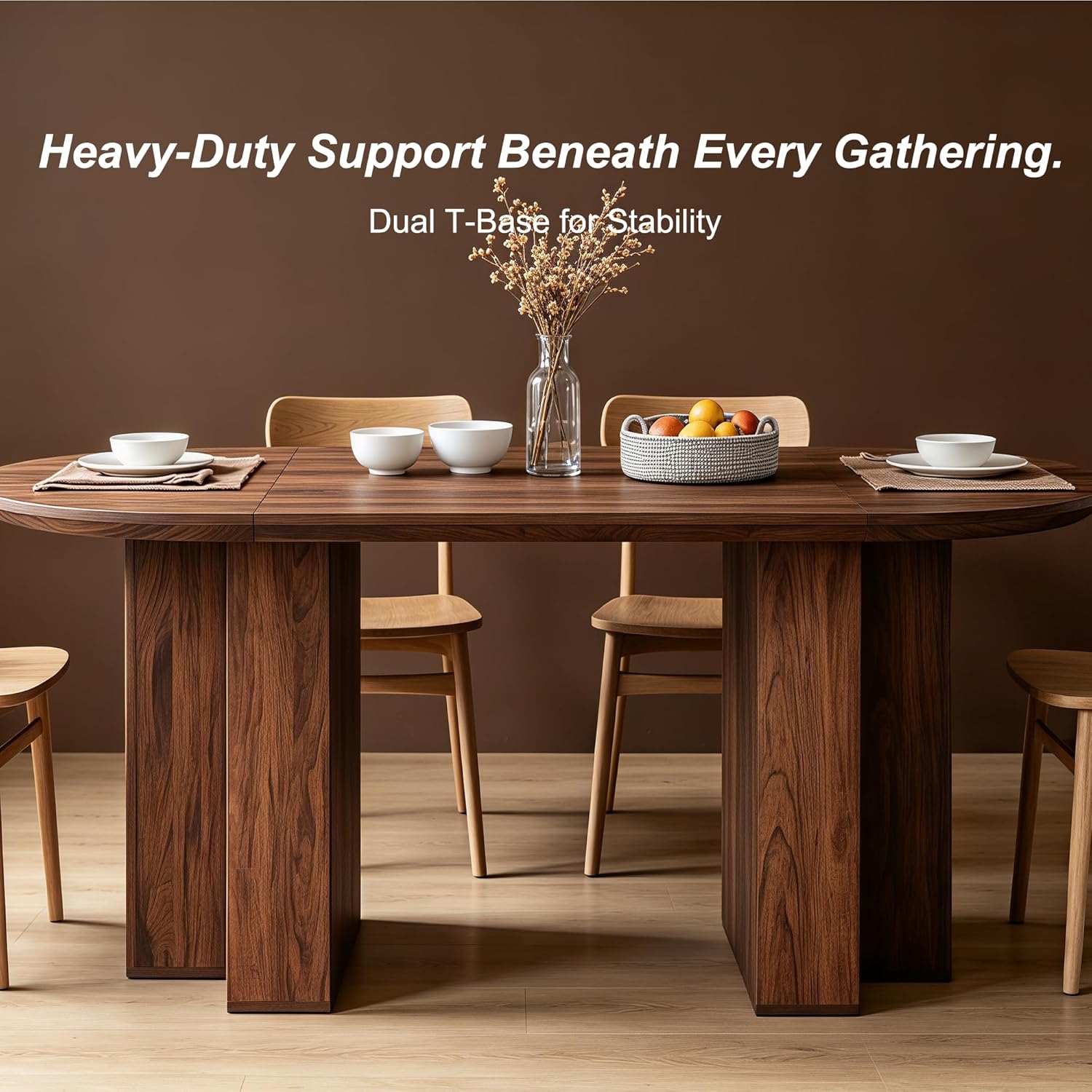 RedLemon 63" Oval Dining Table for 4-6 People, Wood Kitchen Table with Thick Stable T-Shaped Base & Curved Edge, Modern Dinner Table for Dining Room, Kitchen, Rustic Walnut