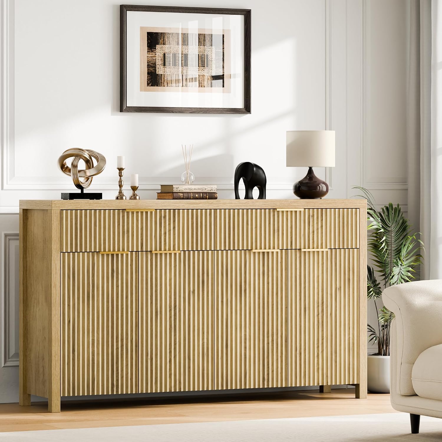 Lulive Fluted Buffet Cabinet with Storage 55 inch Wood Large Sideboard with Adjustable Shelves for Entryway Kitchen Living Room, Natural
