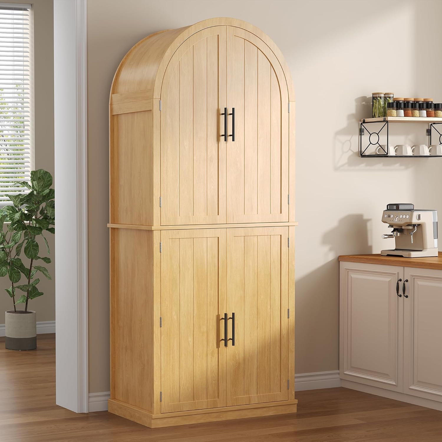 iPormis 71" Tall Arched Cabinet with Doors, Farmhouse Kitchen Pantry with 6-Tier Door Shelves & Drawer & Adjustable Shelves, Modern Wood Storage Cabinet for Dining Room, Living Room, Bathroom, Natural