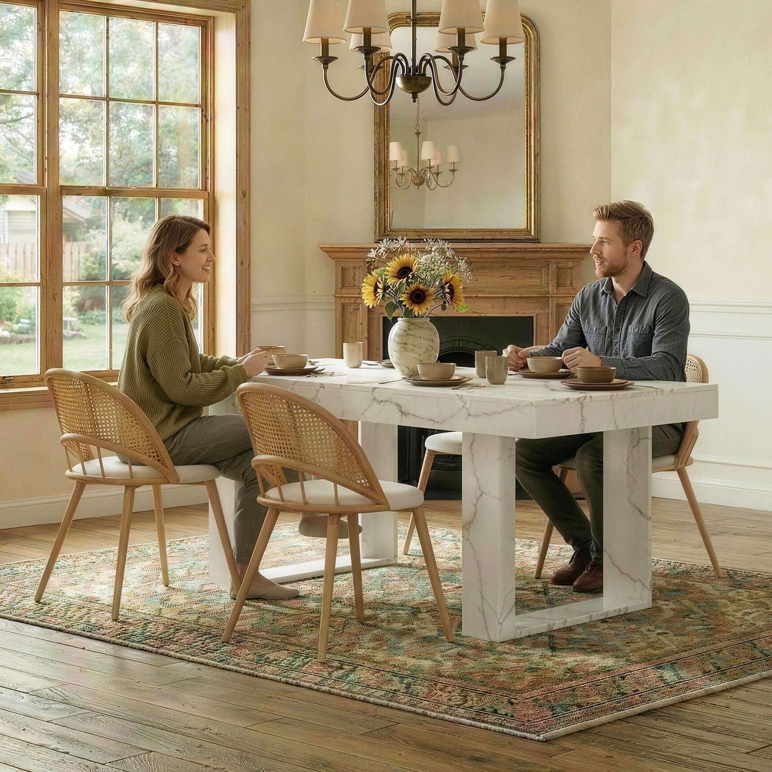TYBOATLE 71''-87'' Extendable Dining Table Set for 4, Farmhouse Wooden Dining Room Table Set, 5 Piece Dinner Table Set with Upholstered Rattan Dining Chairs (White & White, 71''-87''- 4 Chairs)