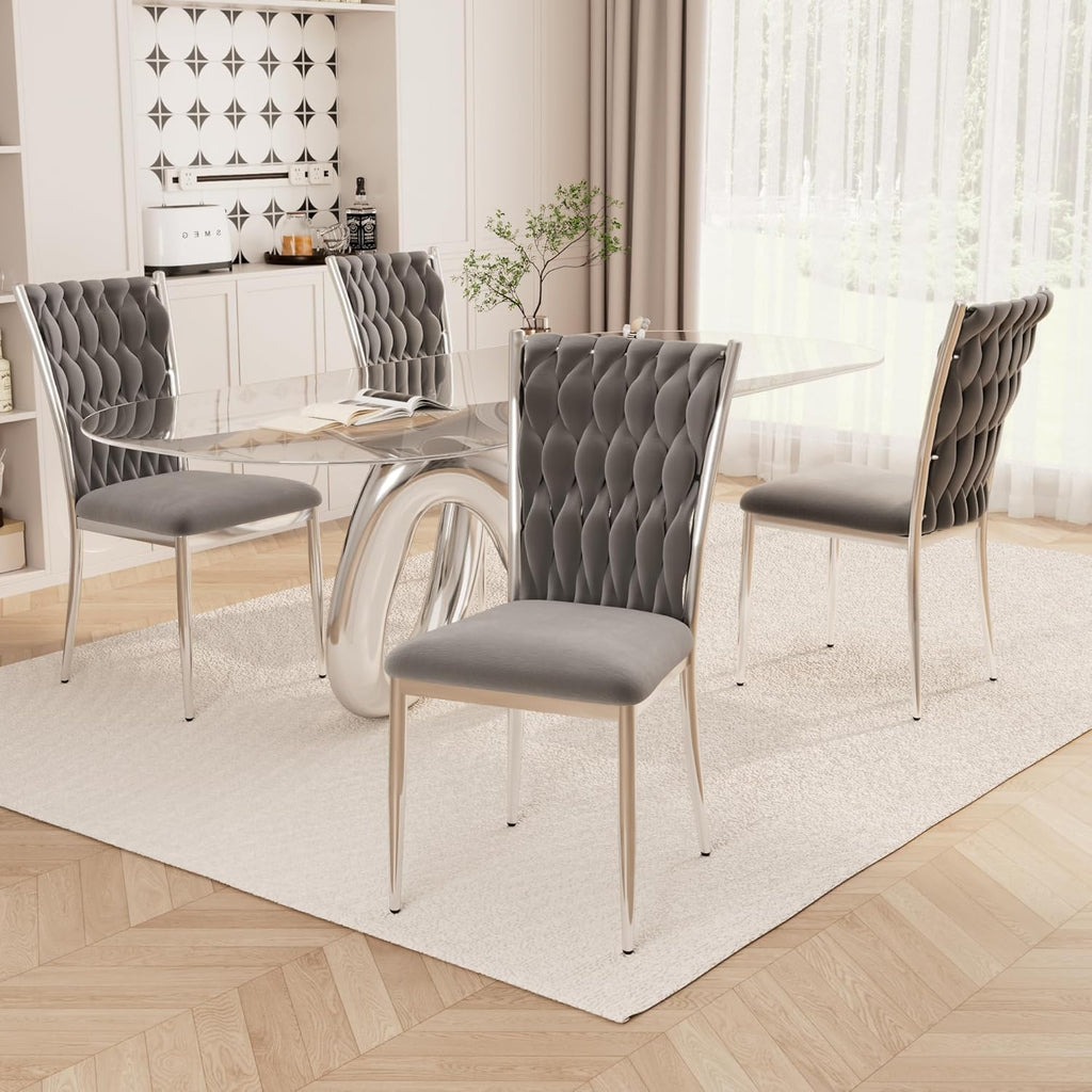 Velvet Dining Chairs Set of 4, Modern Woven Kitchen Chairs with Silver Metal Legs, Upholstered Cushion with High Back, Dirt Resistance, Easy to Install, for Living Room, Dining Room - Dark Grey