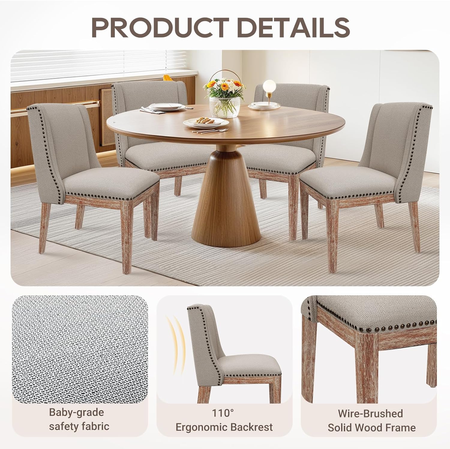 MALOL Dining Chair Set of 4, Upholstered Fabric Kitchen Side Chairs with Solid Wood Legs, Comfortable Seating for Kitchen, Dining Room & Restaurant, Camel