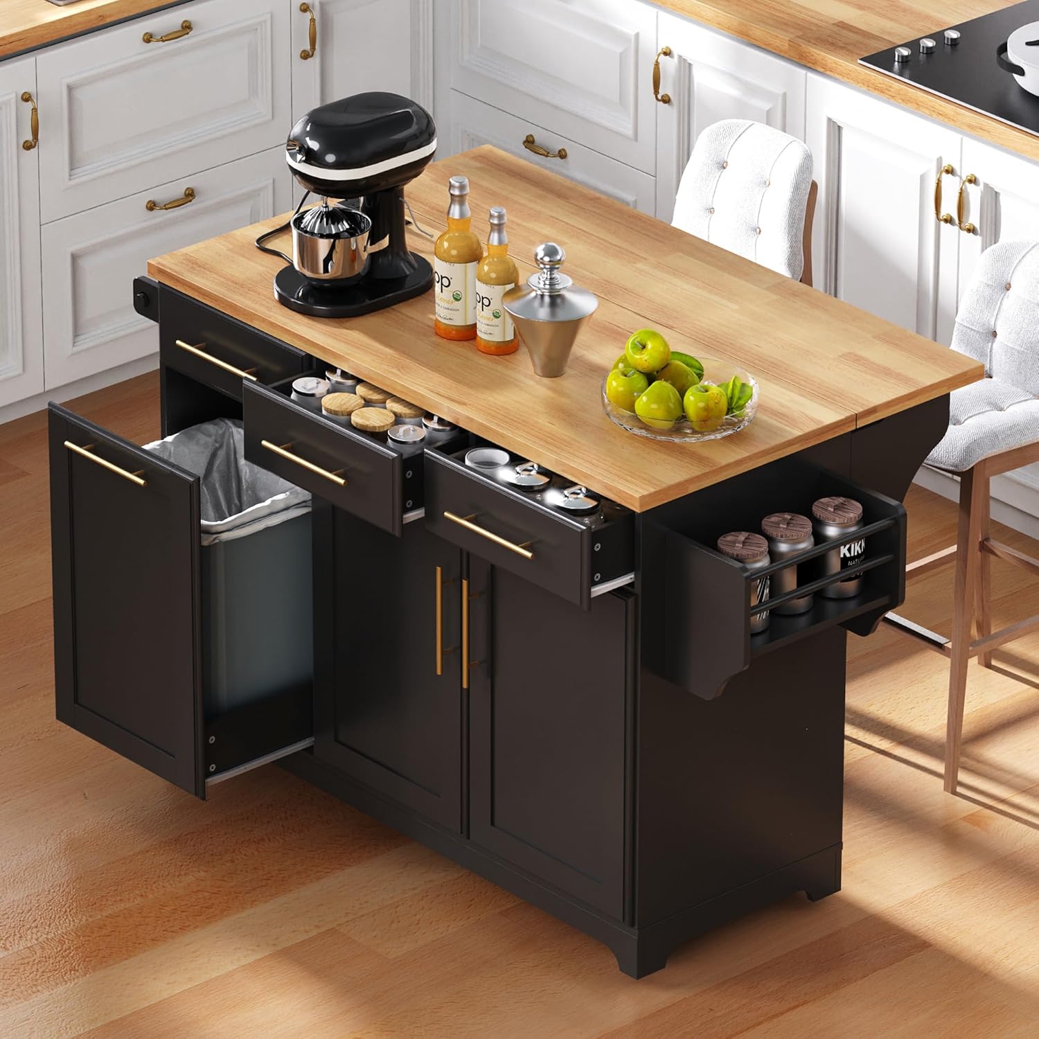 Merax 59.3" Black Kitchen Island with Storage, 2 Pull Out Cabinet Organizers & Rubber Wood Drop Leaf, Rolling Island Table with Trash Can Storage, Power Outlet, Spice & Towel Rack for Kitchen Dining