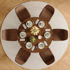 47" Round Dining Table Set for 6, Walnut Wood Grain Table and 6 Brown Suede Upholstered Chairs Set, Mid Century Modern Kitchen Table Set with Cross Legs