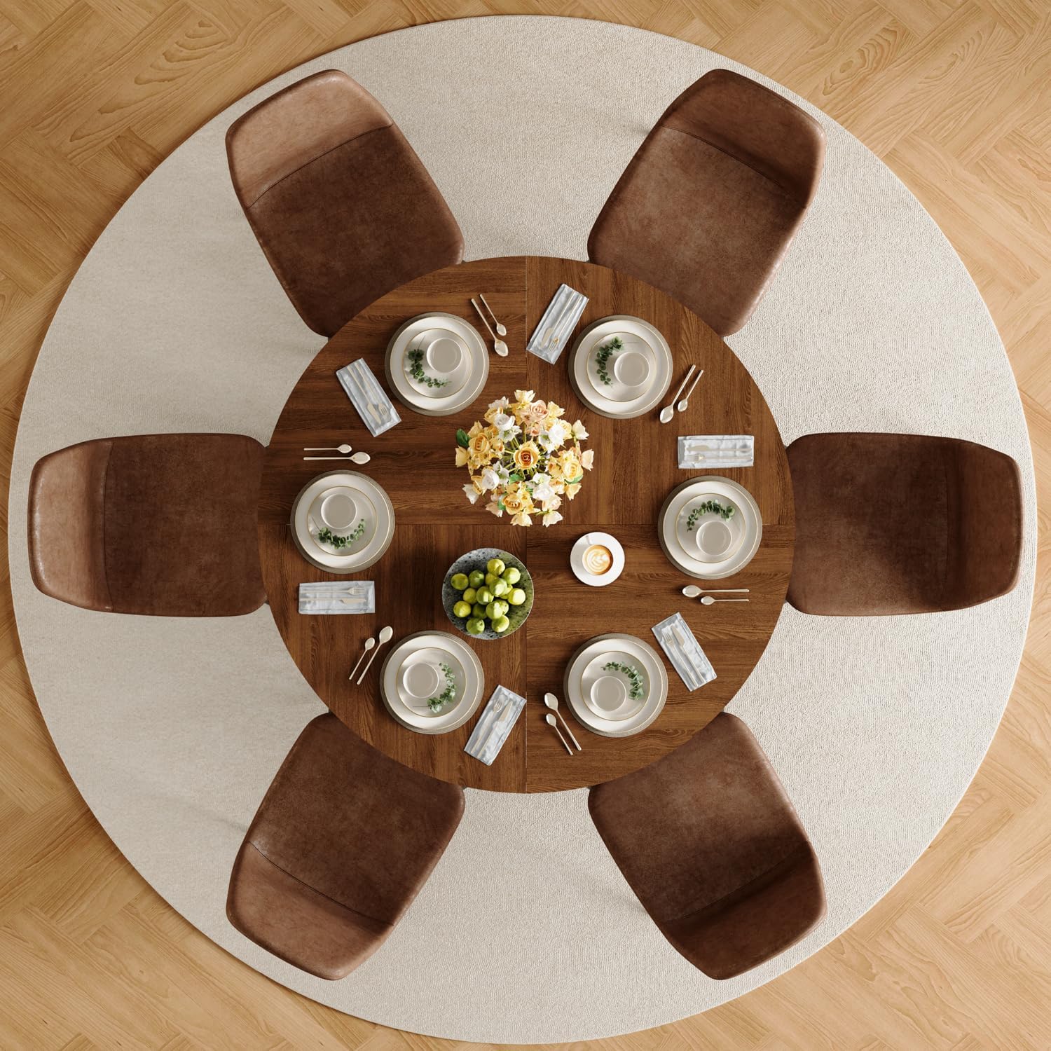47" Round Dining Table Set for 6, Walnut Wood Grain Table and 6 Brown Suede Upholstered Chairs Set, Mid Century Modern Kitchen Table Set with Cross Legs
