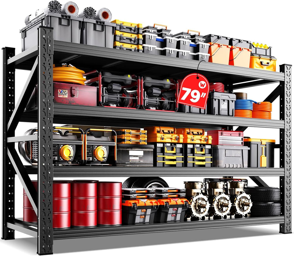 79"W Garage Shelving,8000lb Heavy Duty Storage Shelves,Industrial Metal Storage Shelving,Easy to install Standing Garage Shelf,4 Tier Adjustable Shelving Unit for Warehouse,Basement,74"H x 79"W x 24"D