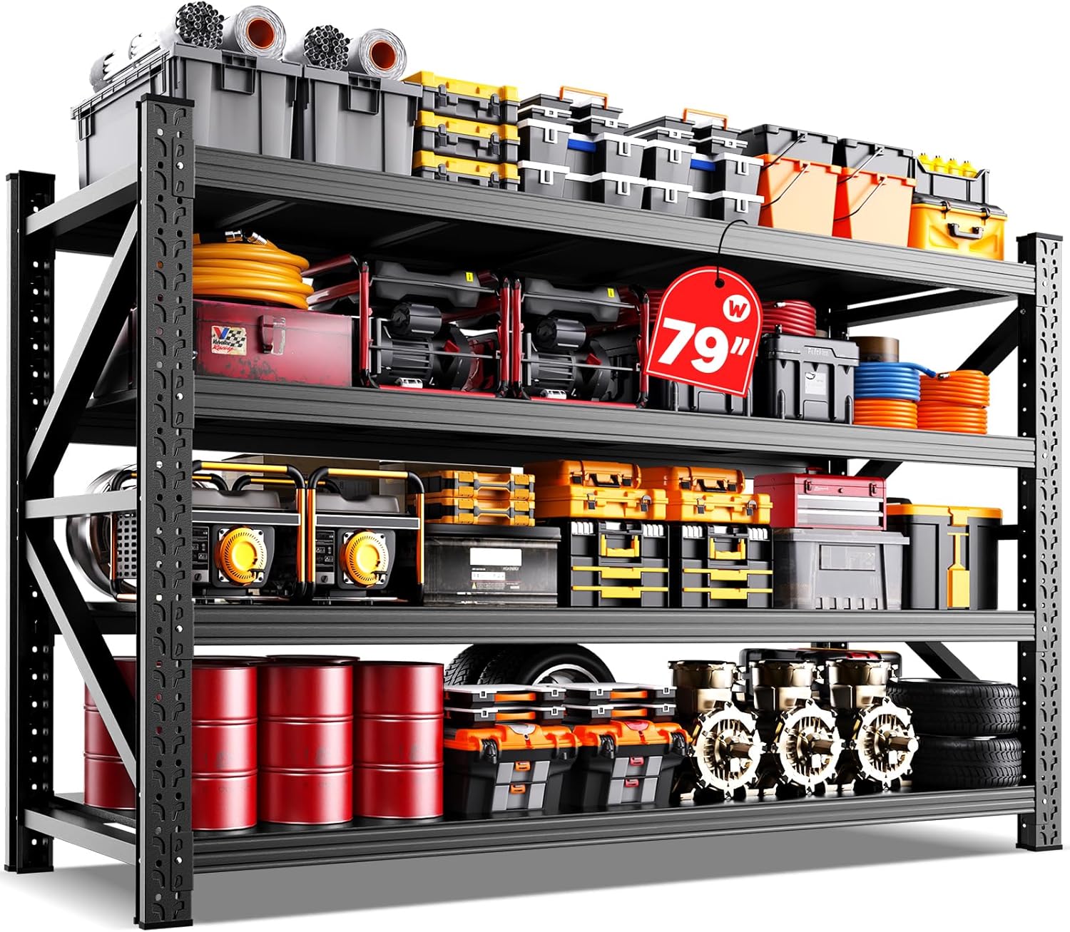 79"W Garage Shelving,8000lb Heavy Duty Storage Shelves,Industrial Metal Storage Shelving,Easy to install Standing Garage Shelf,4 Tier Adjustable Shelving Unit for Warehouse,Basement,74"H x 79"W x 24"D