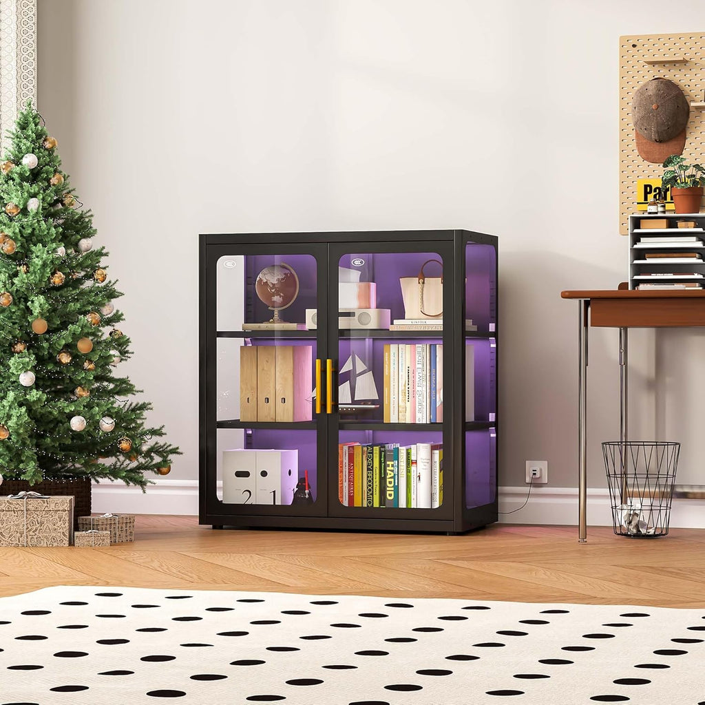 pozdeg Display Cabinet with Glass Door, 34" Curio Cabinet with RGB Lights and 2 Adjustable Shelves, Glass Display Case for Collectibles, Toys, Books, Figures, Exhibit (Black)