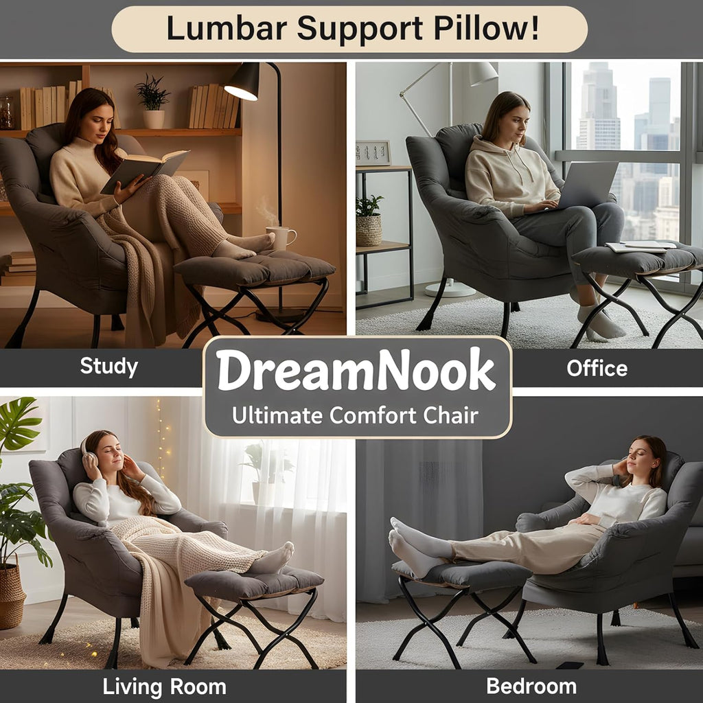 Lazy Chair with Ottoman, Reading Chair with Pillow，Dark Grey | Comfy Accent Lounge Chair with Pillow & folding Foot Stool, sturdy metal frame for bedroom, dorm or apartment, Living Room