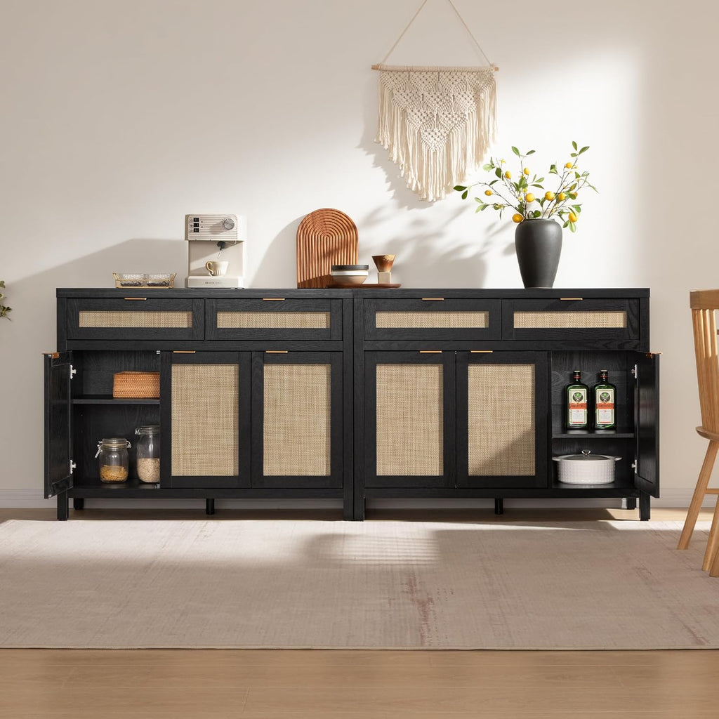 SICOTAS Rattan Sideboard Buffet Cabinet with Storage, Boho Credenza Accent Cabinet with 3 Doors and 2 Drawers, Farmhouse Console Coffee Bar Cabinets for Living Room Kitchen Entryway, Black Oak, 2 PCS