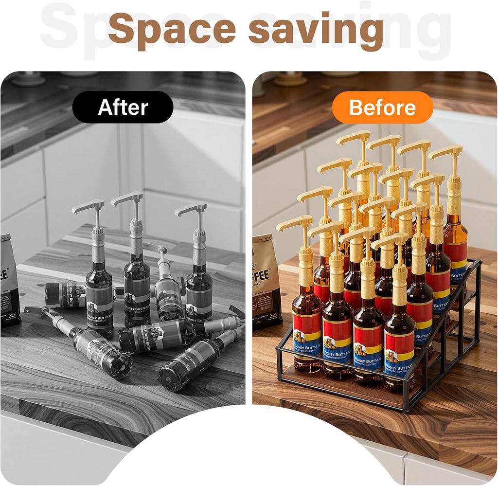 kimilus Coffee Syrup Organizer Rack, Liquor Bottle Display Shelf, 4 Tier 16 Syrup Bottles Holder Stand for Coffee Bar Kitchen Small Wine Rack for Family Storage for Syrup Wine Dressing