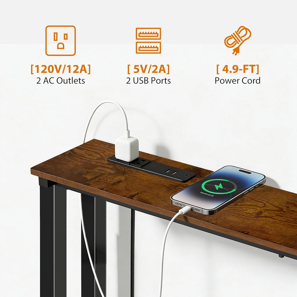 70" Narrow Console Sofa Table with Power Outlets & 2 USB Ports, L Shaped Behind Couch Table Skinny, 3 Assembly Options Entryway Tables with Charging Station for Living Room, Hallway, Brown, 70IN
