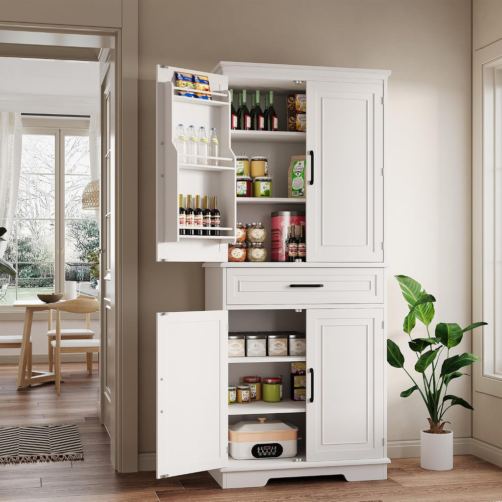 72in Tall Cabinet with Drawer, 6 Doors and Adjustable Shelves, Large Kitchen Pantry Storage Cabinet for Dining Room, Living Room, White