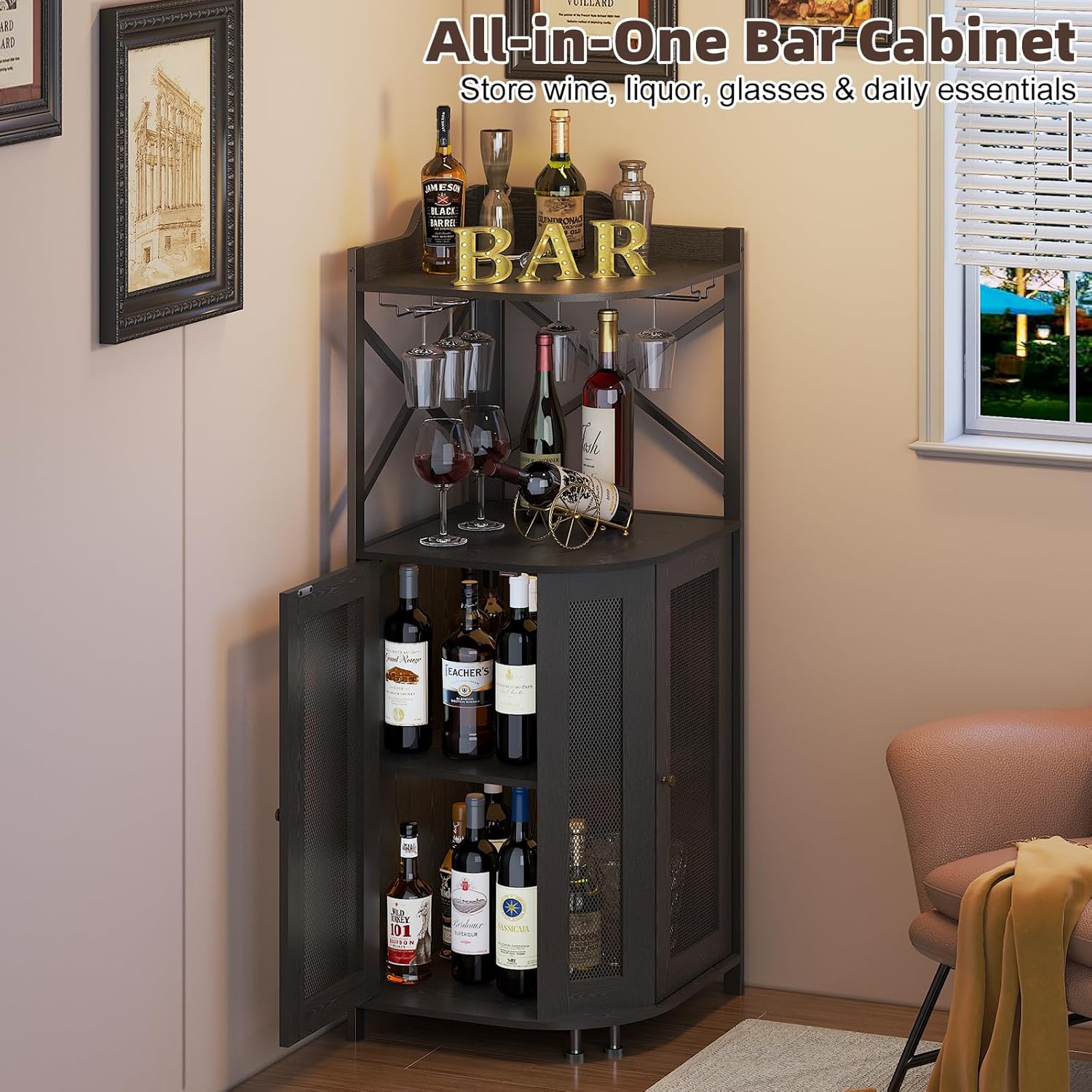 JKsmart Corner Bar Cabinet with LED Lights,4-Tier Wine Bar Cabinet with Glass Holder,Industrial Liquor Cabinet with Door and Shelf,Farmhouse Home Bar for Liquor Wine Coffee Storage,Black