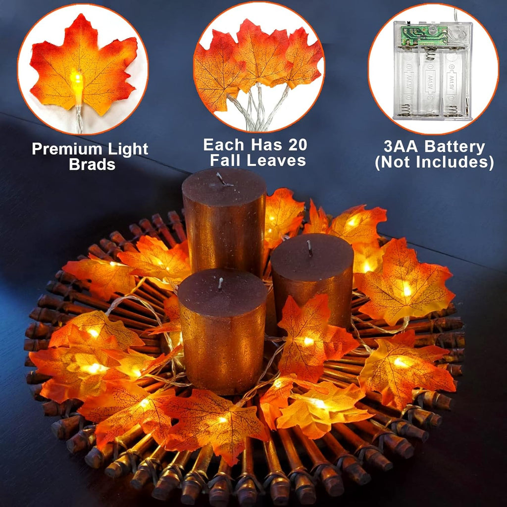 TURNMEON 2 Pack Fall Decor Enlarged Maples Leaves Lights Total 20Ft 40LED Fall Decorations for Home, Battery Operated Autumn Garland Lights Waterproof Indoor Outdoor Halloween Thanksgiving Decorations