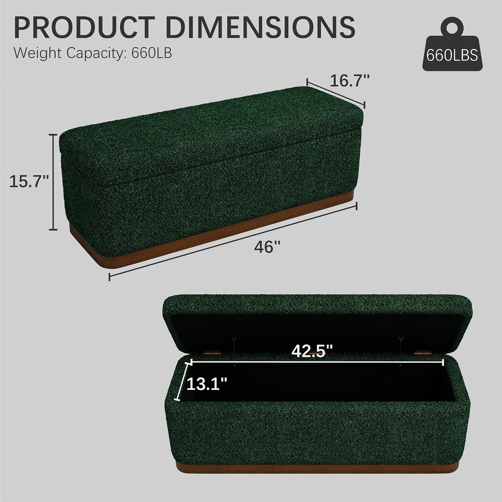46'' Storage Bench for Bedroom, Modern Storage Ottoman Bench with Walnut Grain Base, Upholstered Bench with 27 Gallons Storage Space for Bedroom End of Bed, Entryway, Living Room, Green