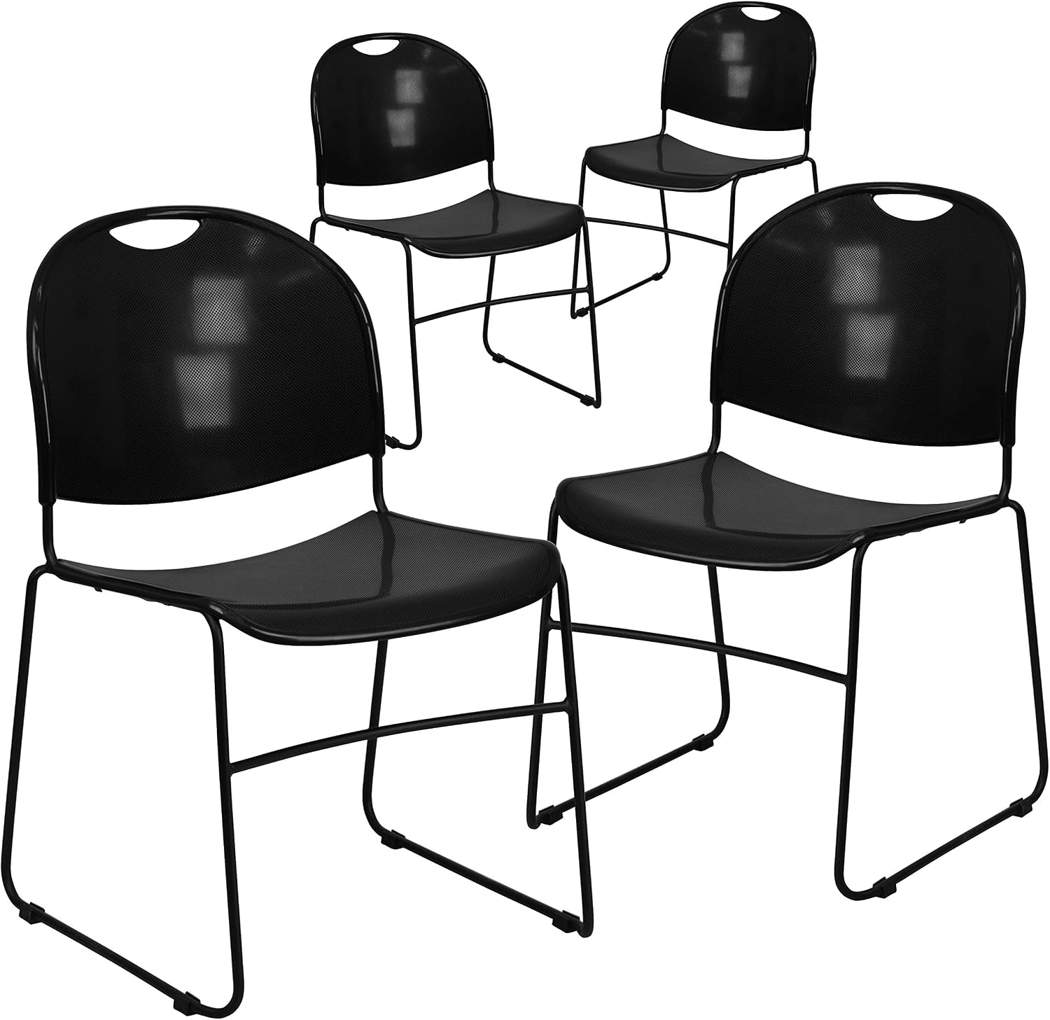 Flash Furniture Hercules Series Plastic Compact Lobby Chairs with Curved Back, Ergonomic Stacking Chairs for Waiting Rooms/Offices, Set of 4, Black