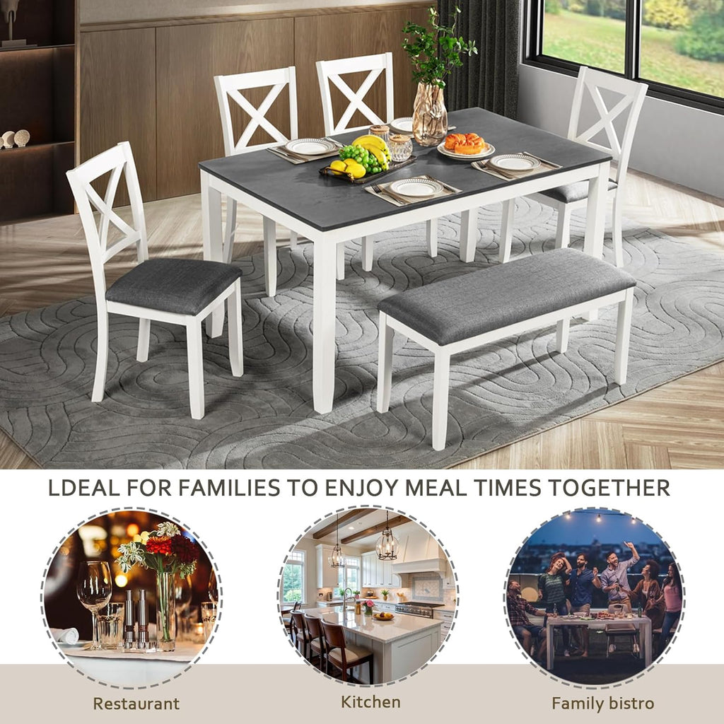 Bellemave 6-Piece Dining Table Set for 6 Rectangular Kitchen Table Set with 4 Dining Chairs and Bench, 6 Person Dining Room Set for Kitchen, Dining Room (White+Gray)