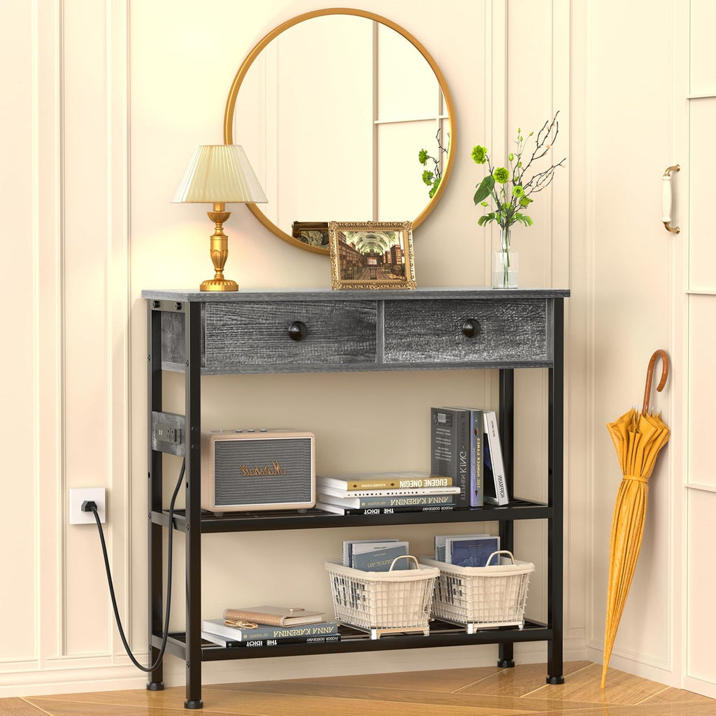 32" Narrow Console/Entryway Table with Storage & 2 Drawers & Outlets, for Sofa & Living Room, Hallway/Foyer/Couch/TV/ Aquarium Stand Table for Entryway with USB Ports, LED Light Strip,Perfect for Home