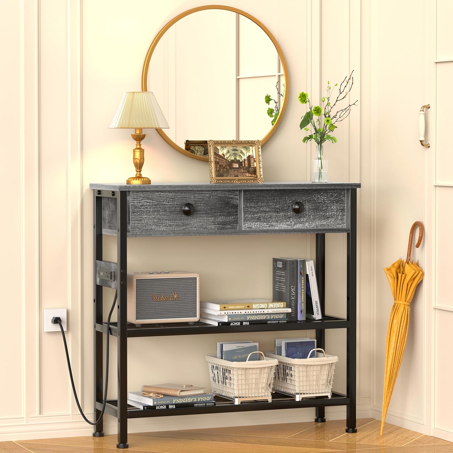 32" Narrow Console/Entryway Table with Storage & 2 Drawers & Outlets, for Sofa & Living Room, Hallway/Foyer/Couch/TV/ Aquarium Stand Table for Entryway with USB Ports, LED Light Strip,Perfect for Home