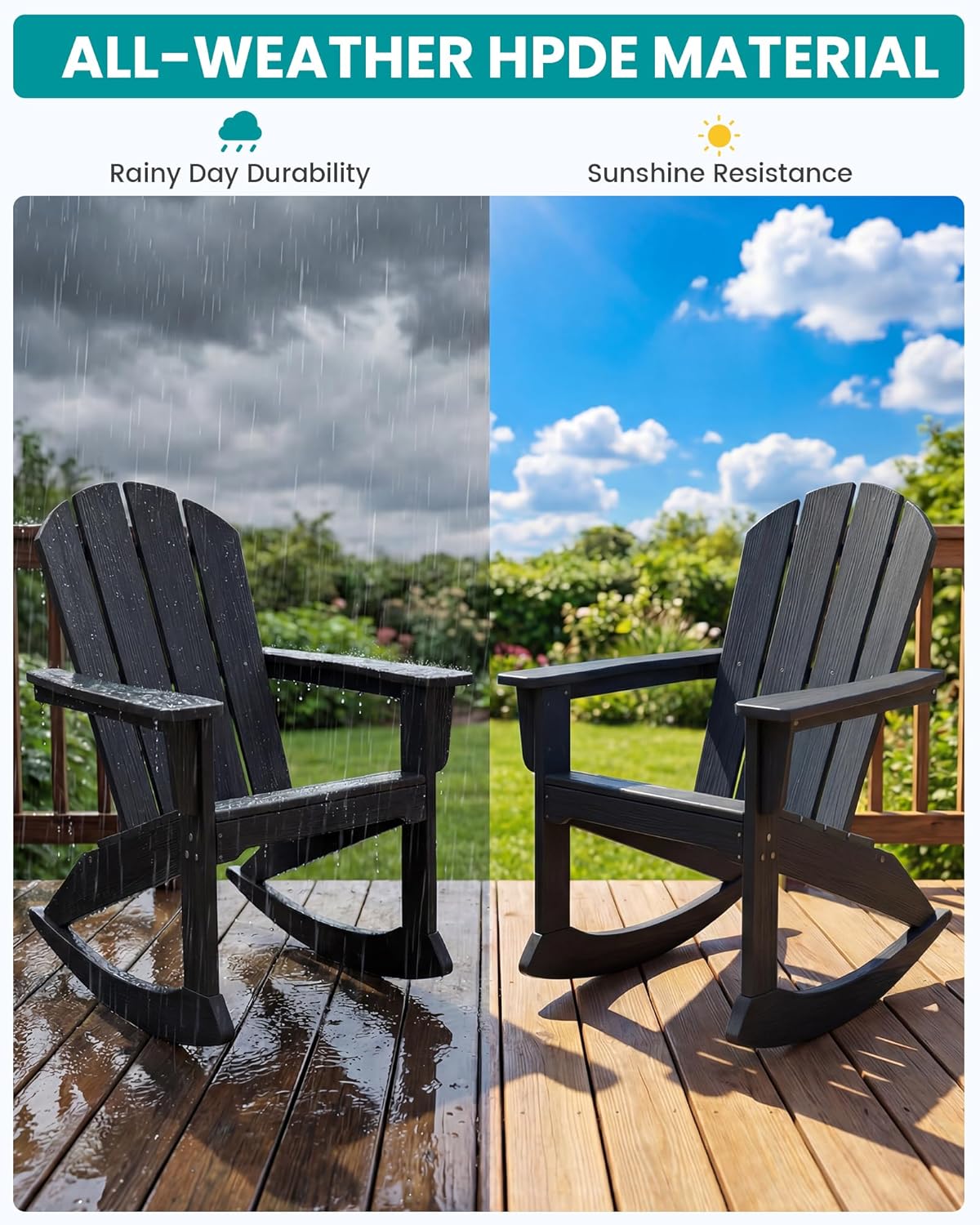 SERWALL Outdoor Adirondack Rocking Chairs Set of 2 with Pillows(500 PP Cotton Filling), All-Weather HDPE Adirondack Rocker Chair, Front Porch Rocker Chairs for Patio Lawn Porch Deck, Black