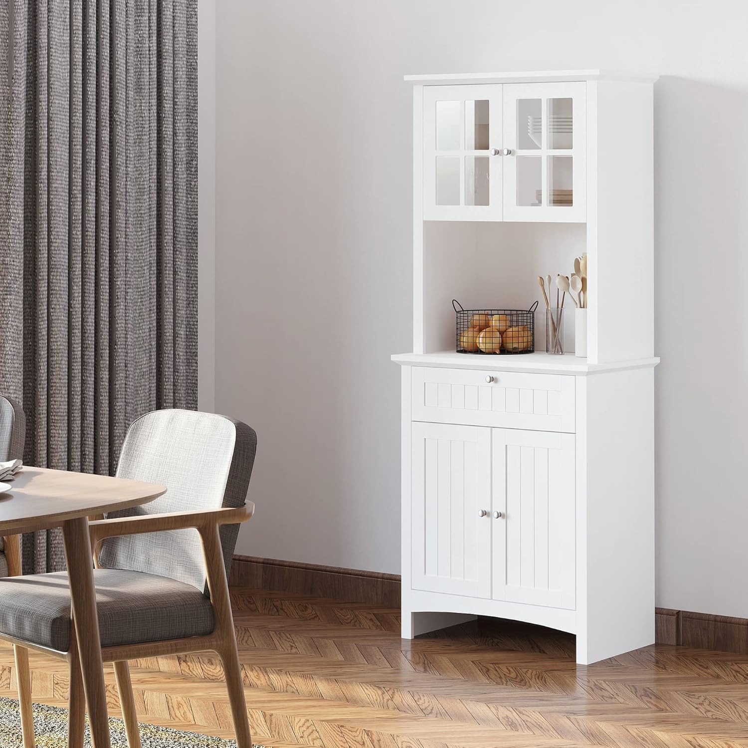 Modern Kitchen Pantry, White Storage Buffet Cabinet with Framed Glass Door Drawer and Microwave Space, Hutch, Easy to Maintain, for Dining Room