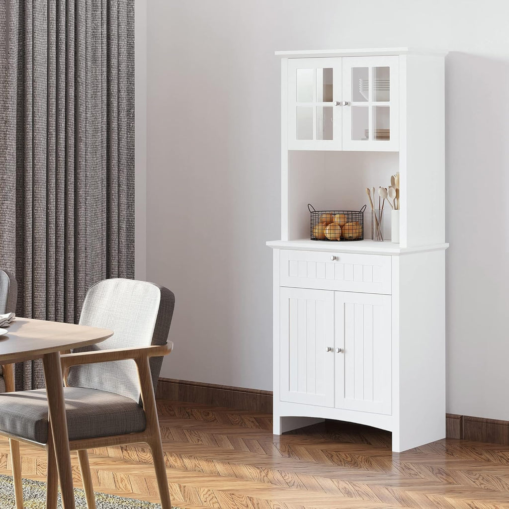 64" Kitchen Pantry Storage Cabinet Buffet Sideboard for Coffee Maker & Toaster,Snacks,Spices & Wine Storage Organizer with Framed Glass Door, Drawer and Microwave Space, White