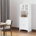 64" Kitchen Pantry Storage Cabinet Buffet Sideboard for Coffee Maker & Toaster,Snacks,Spices & Wine Storage Organizer with Framed Glass Door, Drawer and Microwave Space, White