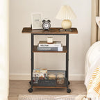 DALEMHOME Side Table with Wheels, Narrow Side Table with 3-Layer Storage Shelves, Slim Nightstand, Metal Frame, for Small Spaces, Living Room, Bedroom, 23.6" D x 11.8" W x 25.2" H, Rustic Brown