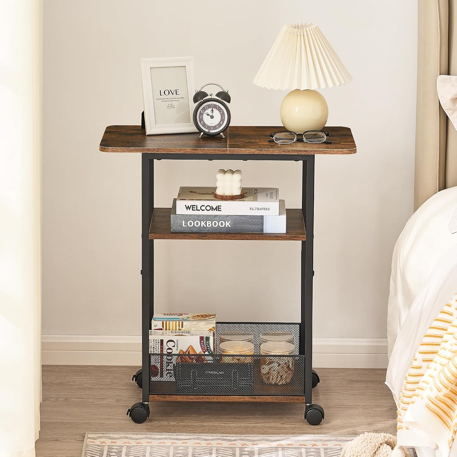 DALEMHOME Side Table with Wheels, Narrow Side Table with 3-Layer Storage Shelves, Slim Nightstand, Metal Frame, for Small Spaces, Living Room, Bedroom, 23.6" D x 11.8" W x 25.2" H, Rustic Brown