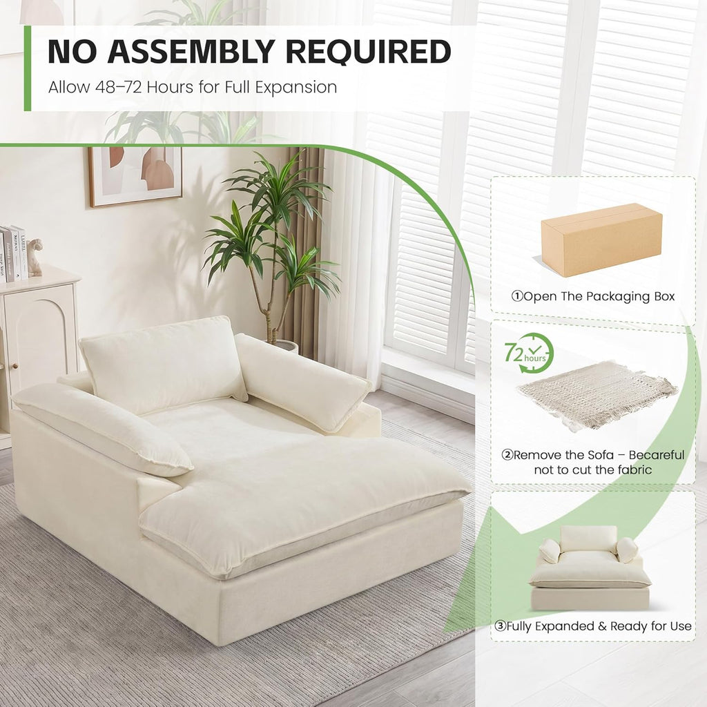 HUBSON 69" Oversized Boneless Chaise Lounge Chair Indoor, Comfy Deep Seat Sleeper Lounge Couch, Upholstered Chenille Cloud Chairs for Living Room, Bedroom, Apartment, No Assembly Required, Beige